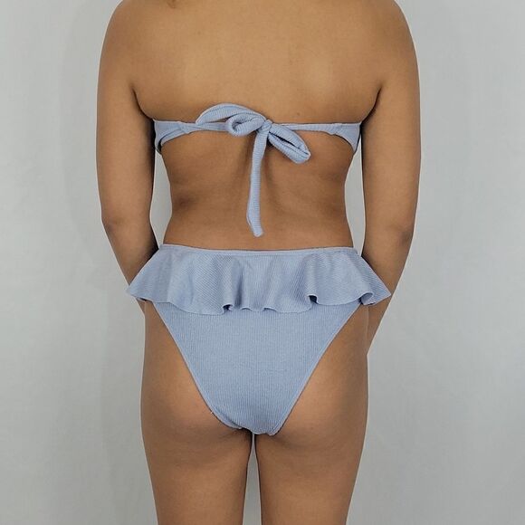 Baby Blue Ruffle O Ring Linked Bandeau Beach High Rise Bikini Swimsuit 2 Piece - Picture 3 of 5
